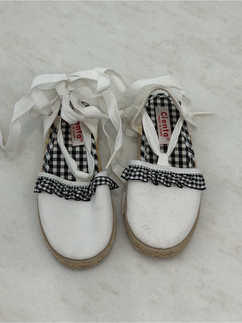 Cienta White Canvas Gingham-Trim Espadrille Sandals for Girls